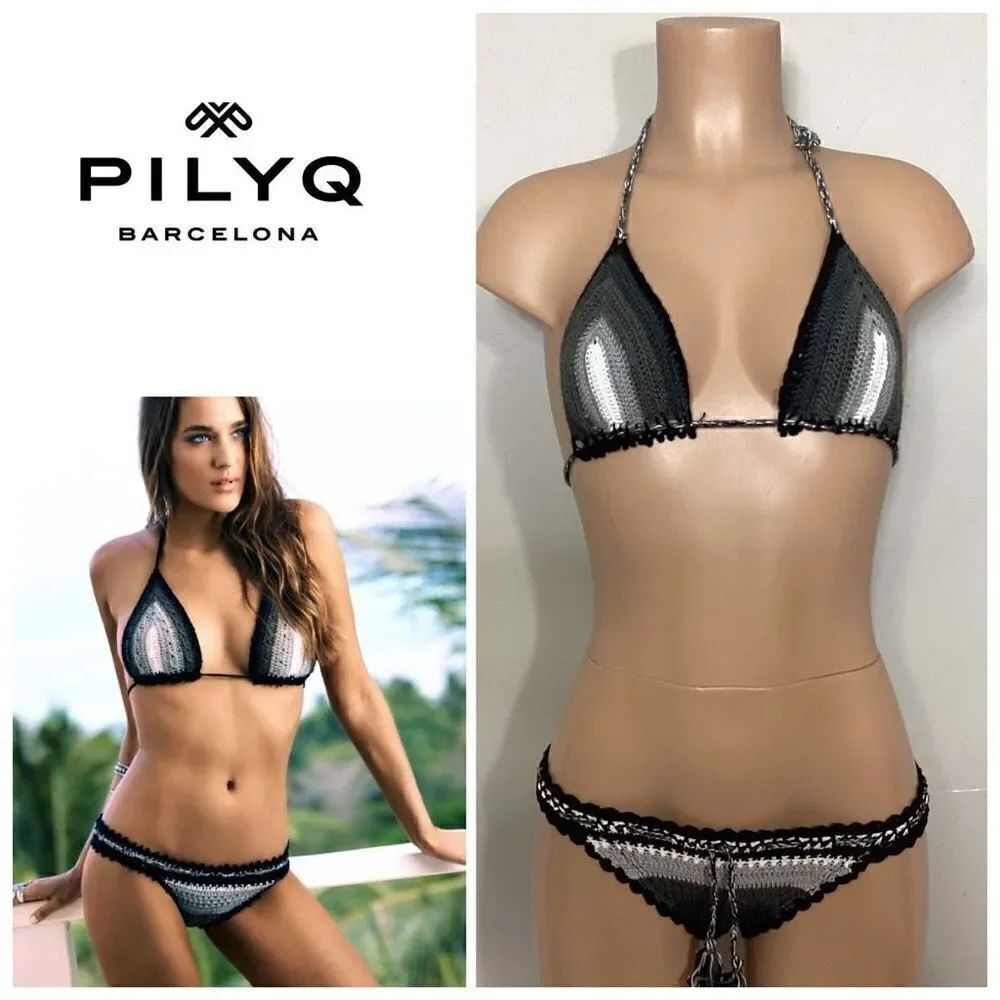 New. PILYQ Black and gray crochet bikini set XS-top/M- bottom